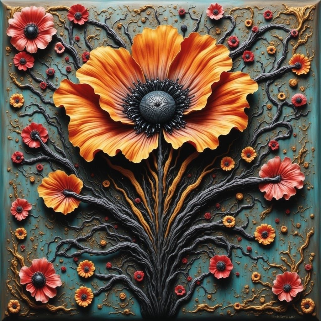 Vibrant Embossed Relief of Twisted Tree with Flower Petals