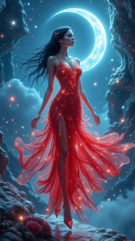Surreal Floating Woman in Red Dress with Blue Light