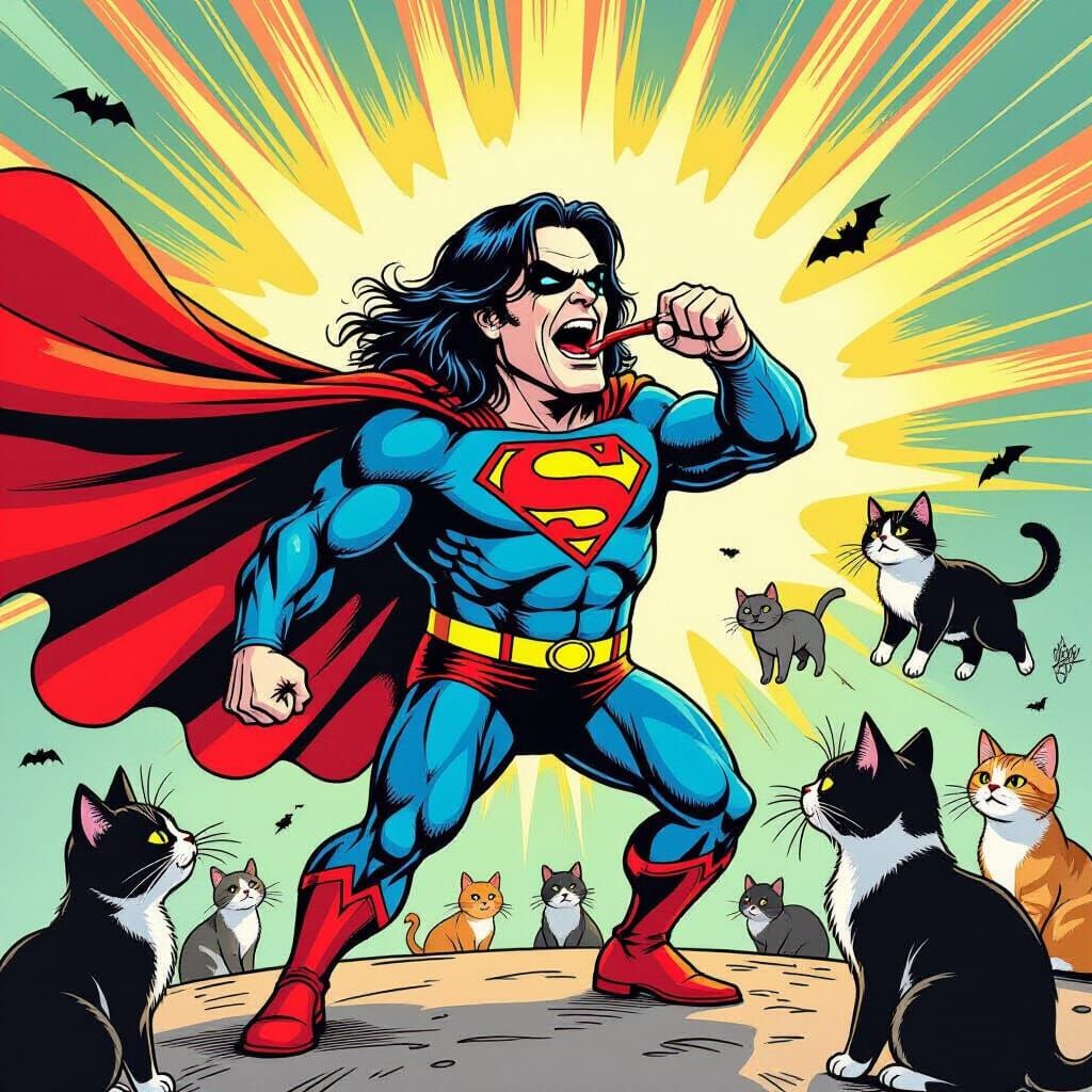 Ozzy Osbourne as Superman Eats a Bat with Cats