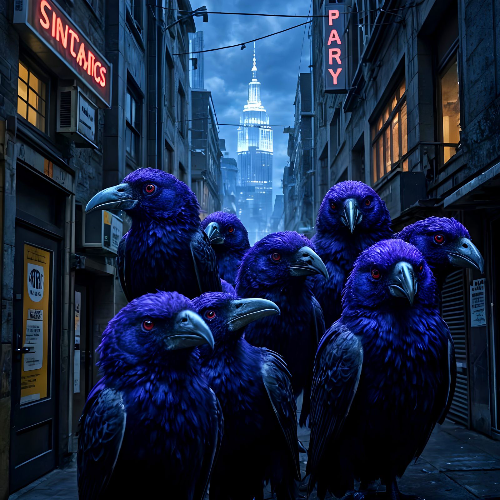 Graffiti-Style Purple Crow Gang in Urban Landscape