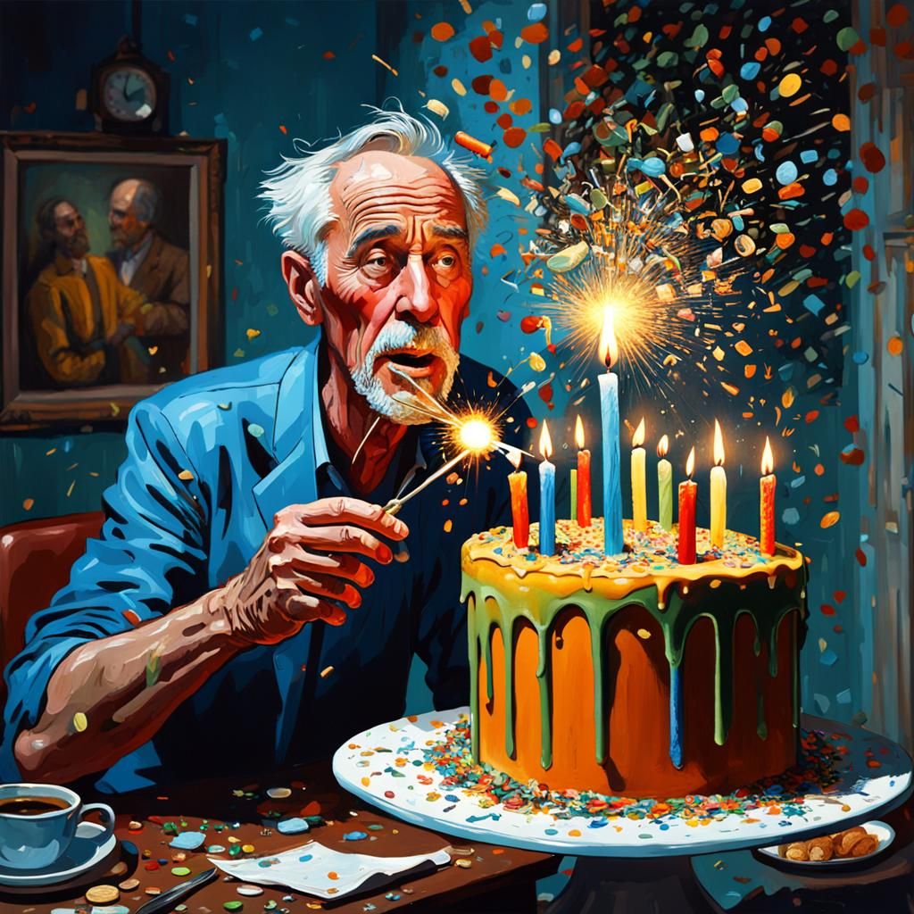 Birthday Cake Impasto Painting with Expressive Caricature