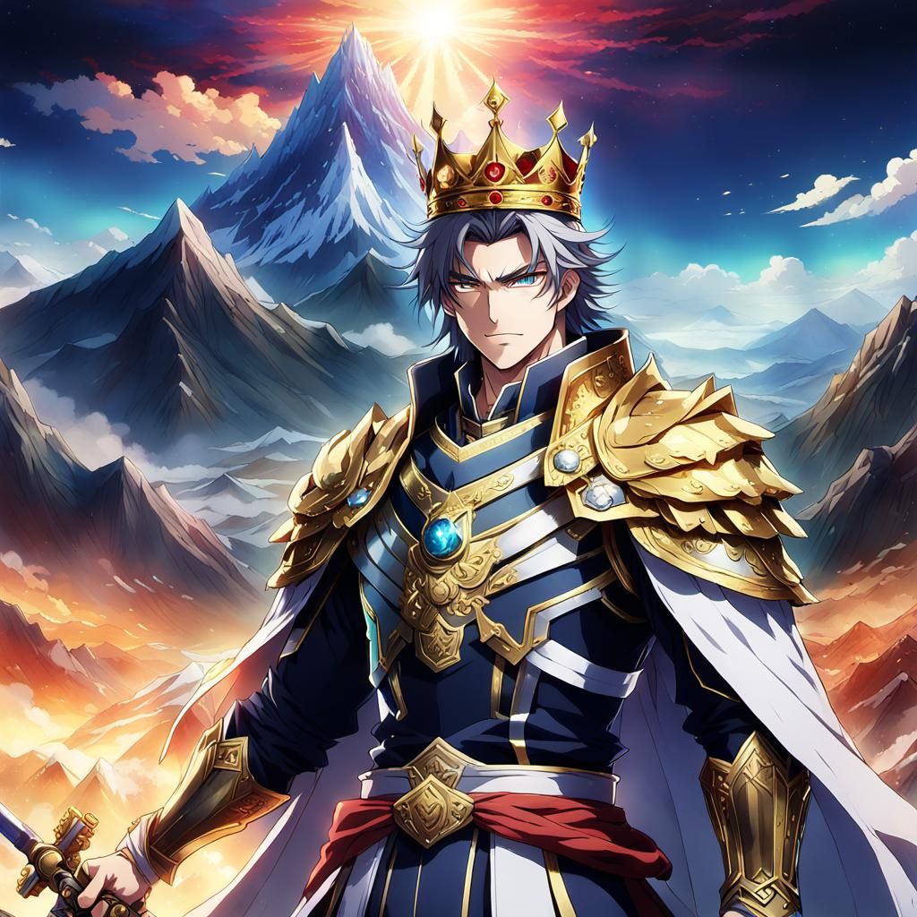 Majestic Anime King with Sword in Mountains