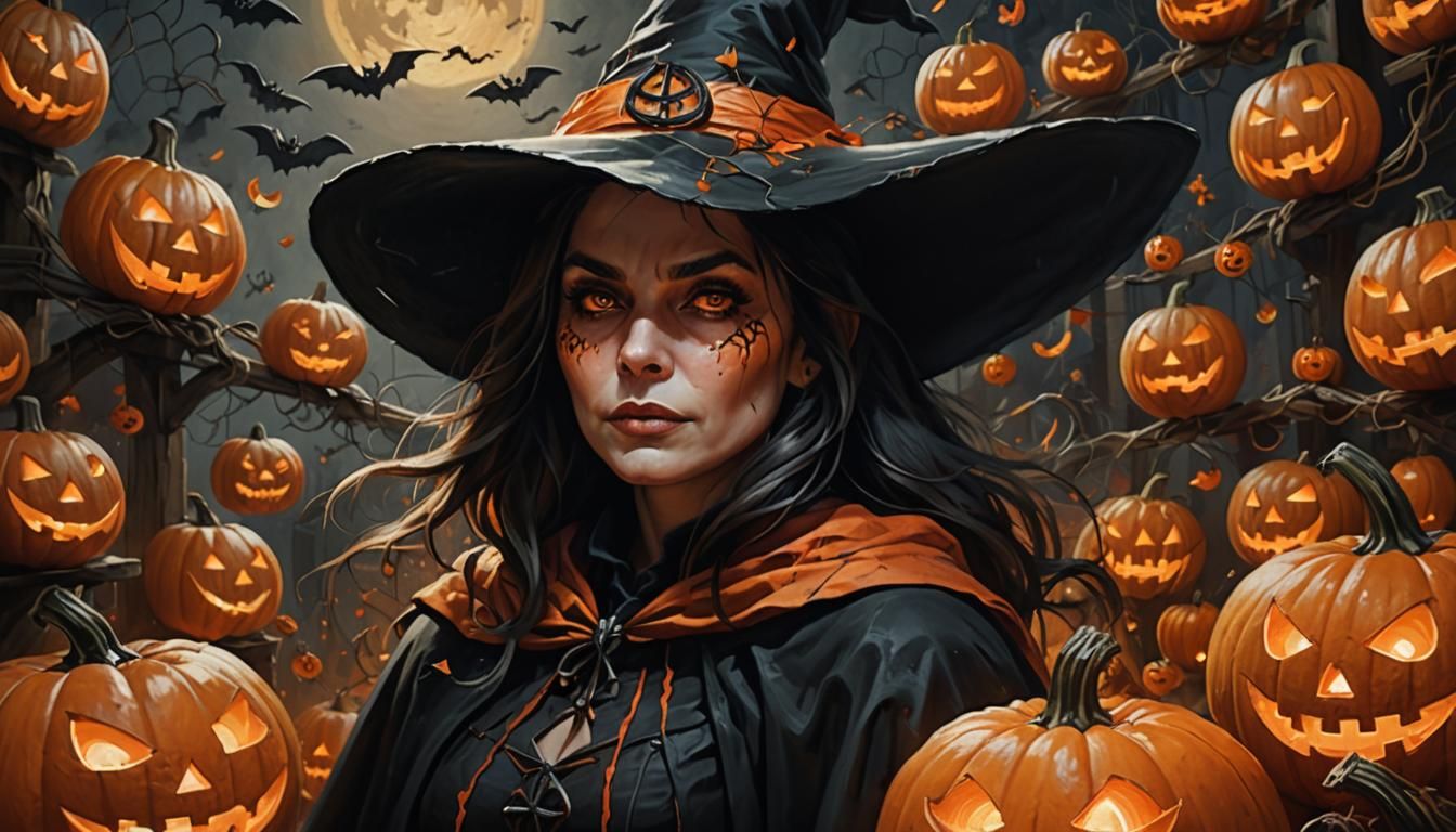 Eerie Witch Surrounded by Jack-o-Lanterns: Oil Painting