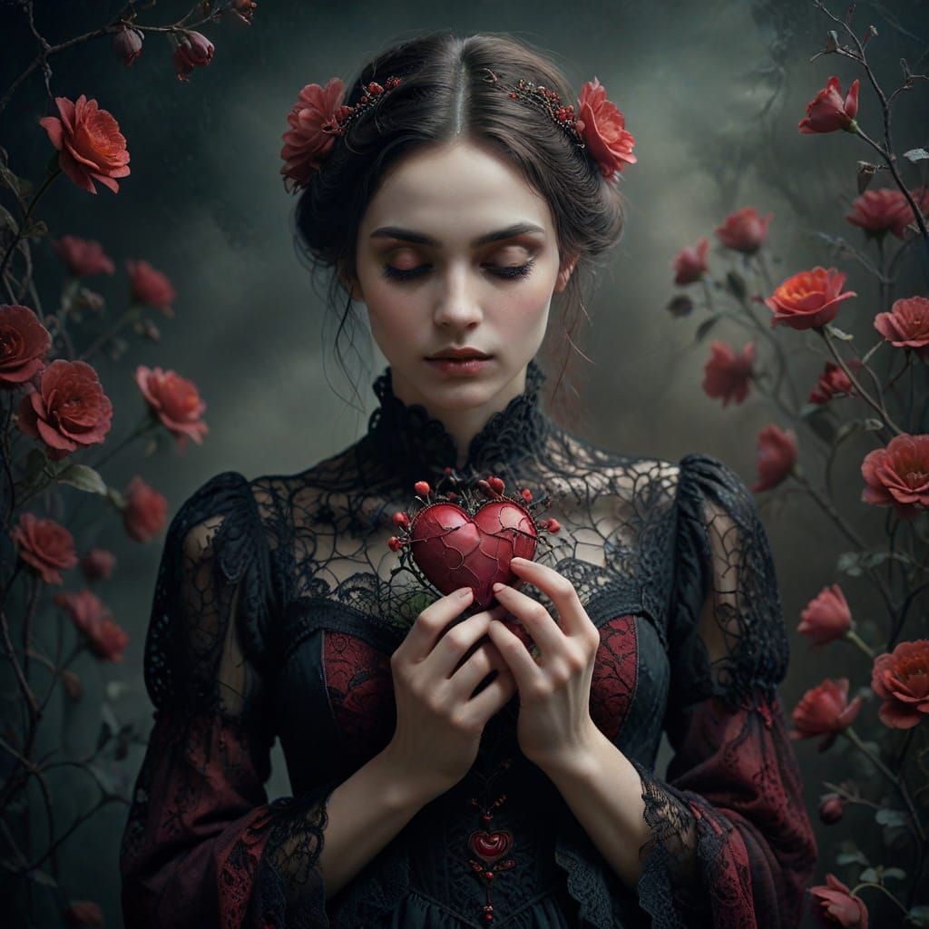 Gothic Romantic Portrait: Woman with Blooming Heart
