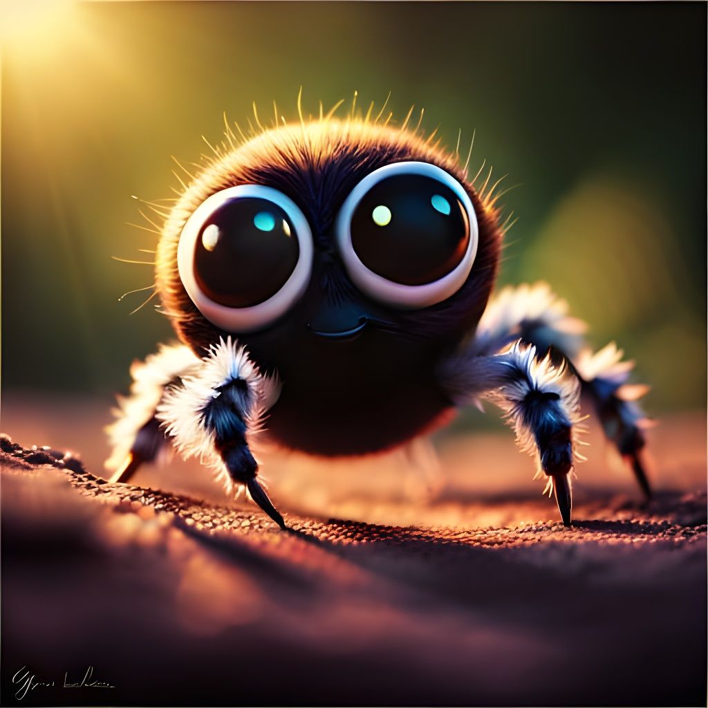 Cute Spider on Luminous Web in Watercolor Style