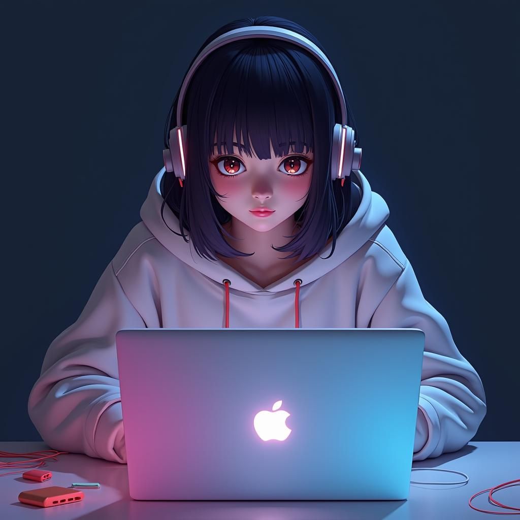 Asian Girl Coding in Anime Style Concept Art