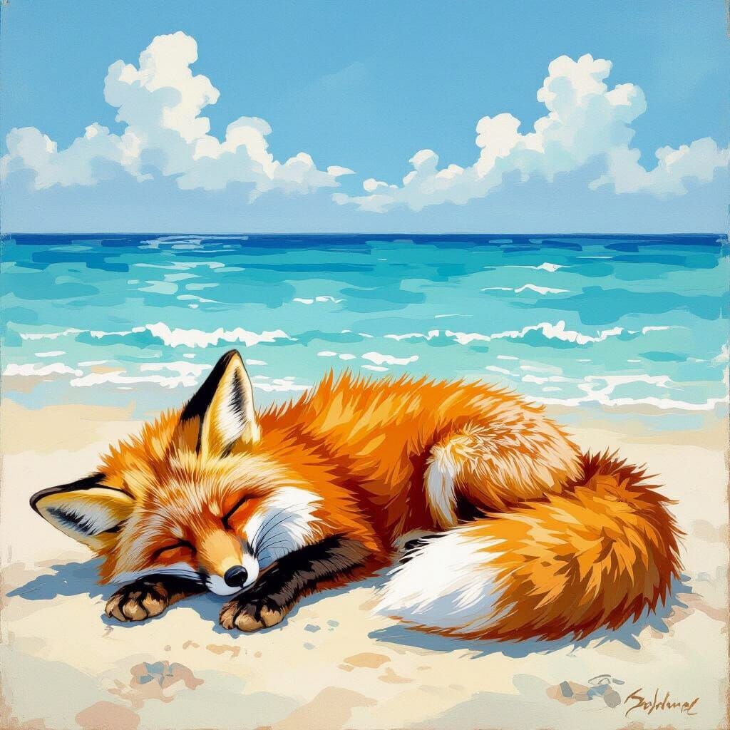 Fox on Beach in Watercolor Impasto Style