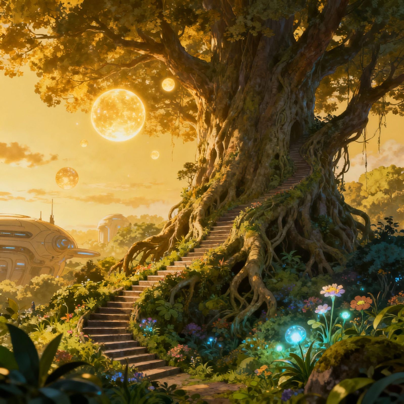 Ancient Tree with Root Staircases & Celestial Orbs