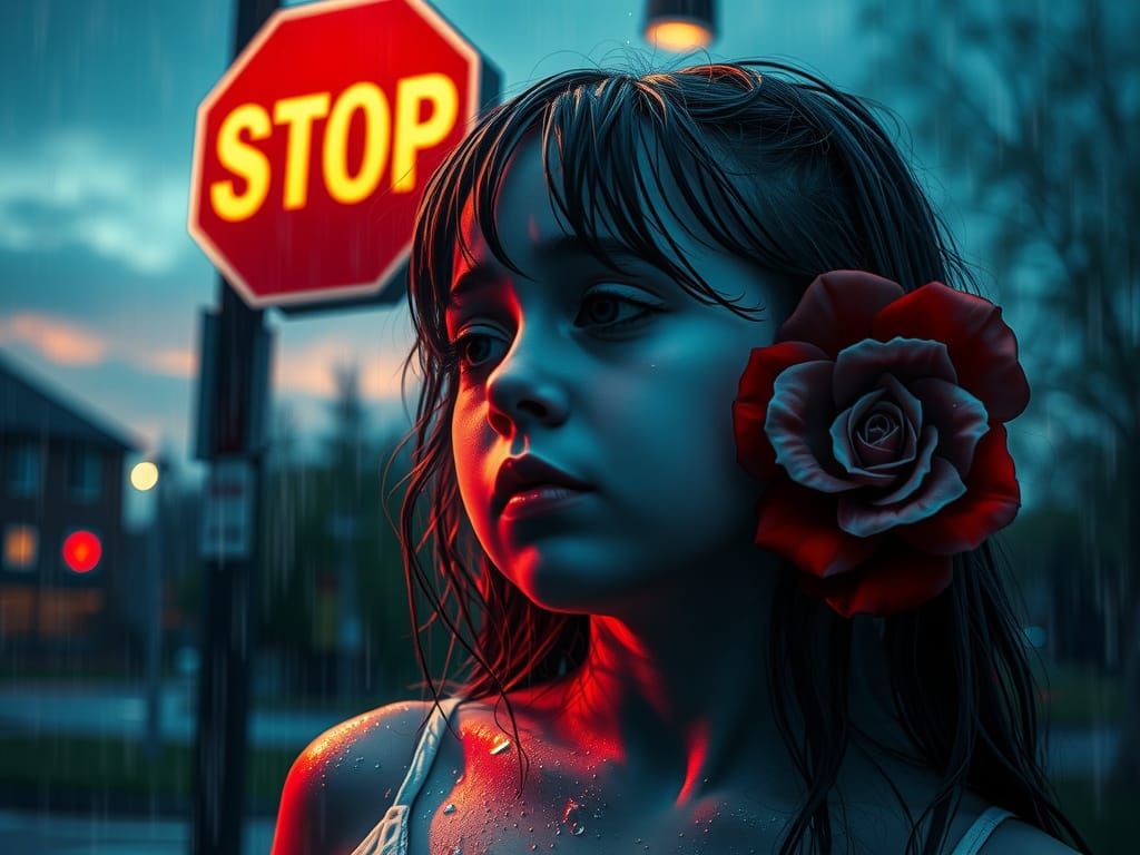 Sad Girl Crying in Rainy Twilight: Art Nouveau Style