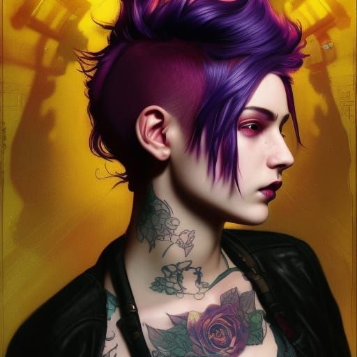 Punk Girl with Rose Tattoo in Cyberpunk Style