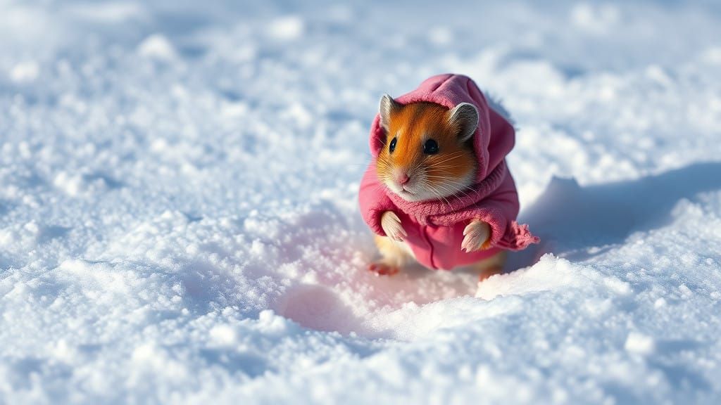 Cute Female Hamster Struggling through Snow in Photorealisti...