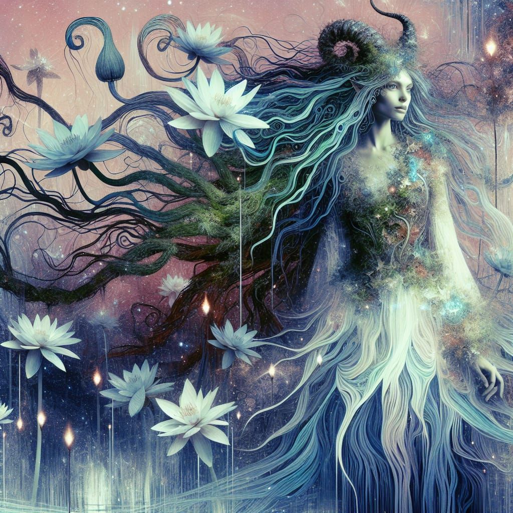 Enchanted Botanical Dreamscape with Celestial Elements