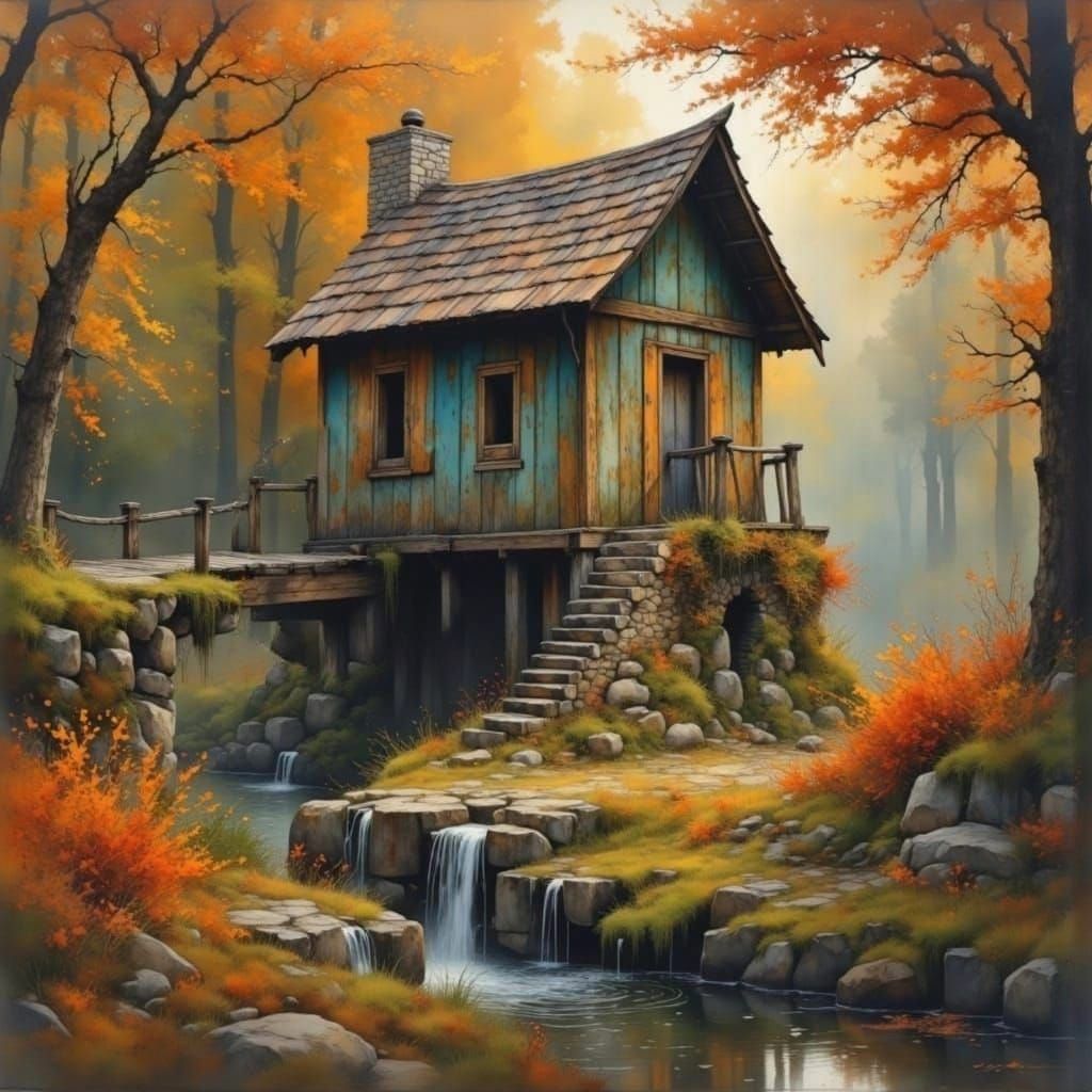 Dreamy Watermill in Vibrant Fall Landscape, Painted in a Ric...