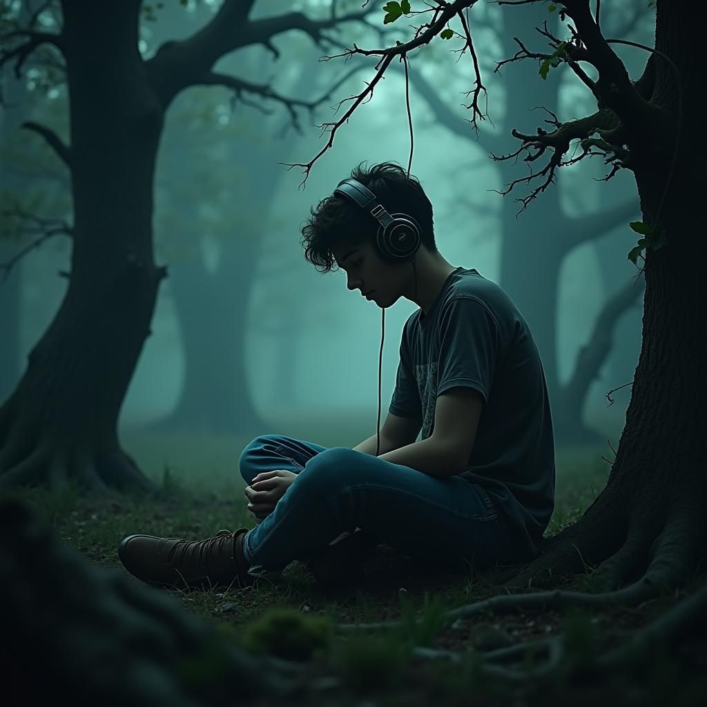 Boy in Shadowy Forest Listens to Haunting Music