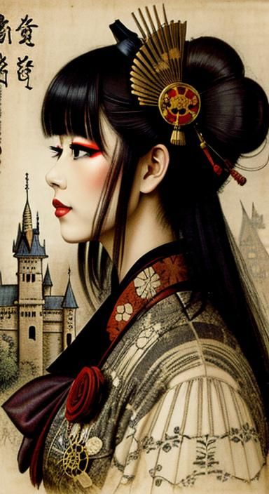 Steampunk Geisha Vampire Portrait in Pointillist Style