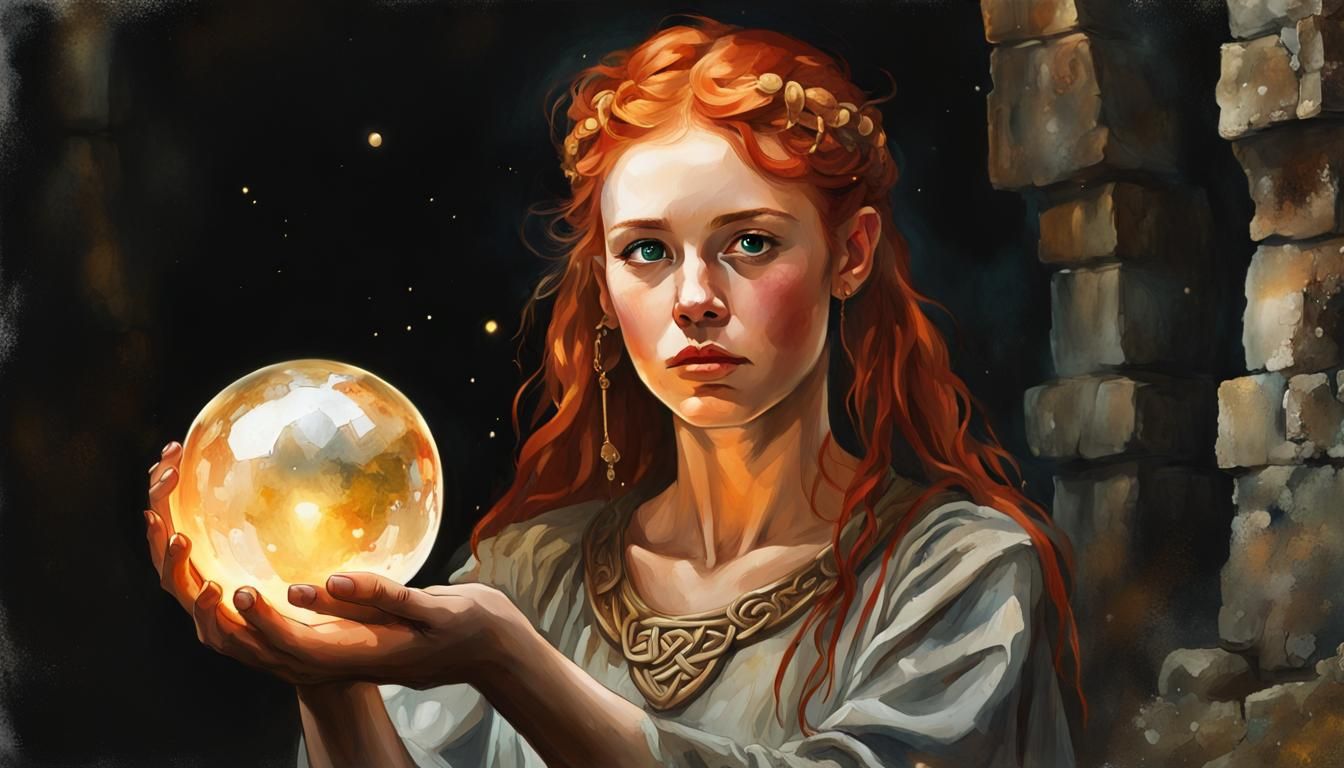 Celtic Girl Illuminates Ancient Ruins in Realism Style