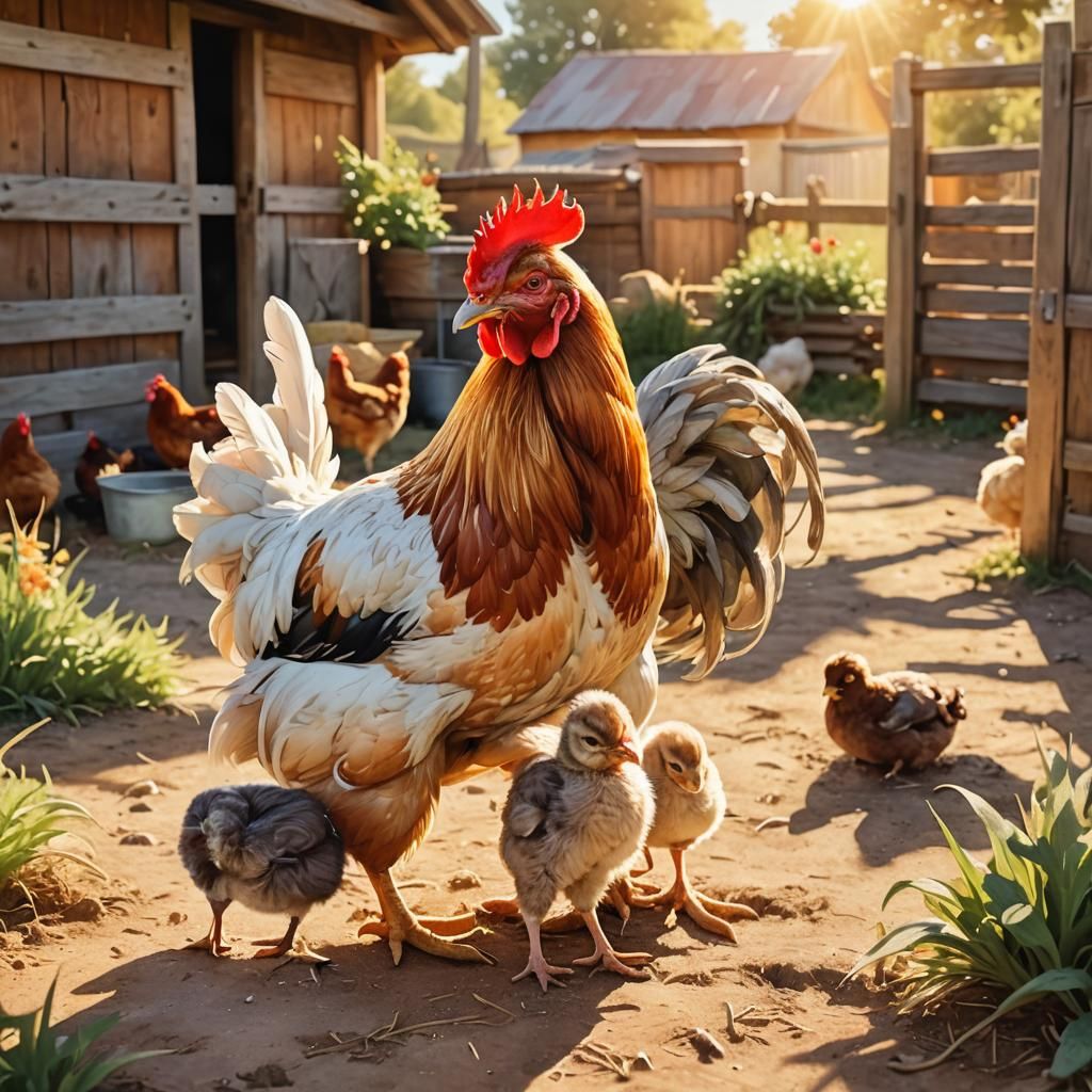 Chicken Hugs Baby in Dreamy Watercolor Farmyard