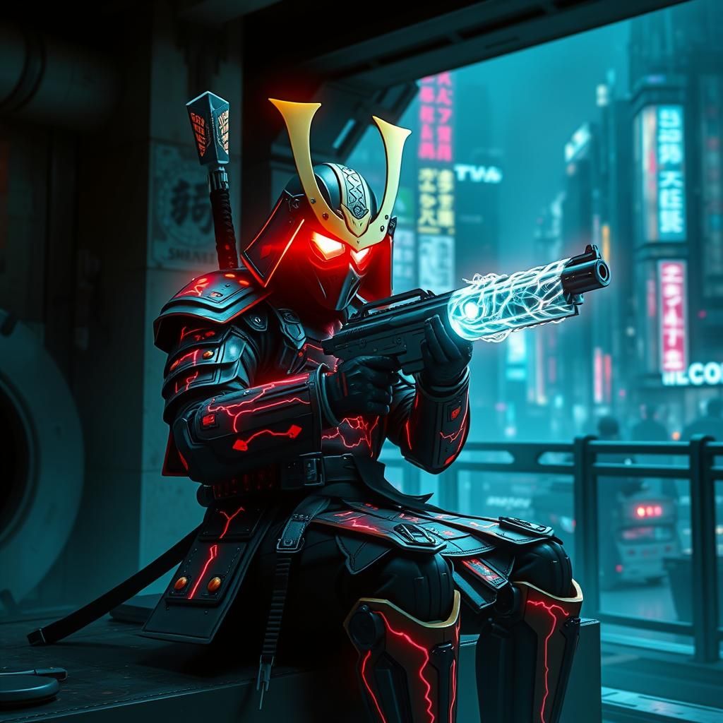 Cyberpunk Samurai Warrior in Futuristic Barrack