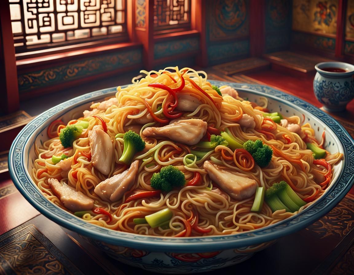 Hyperrealistic Chicken Chow Mein in Restaurant