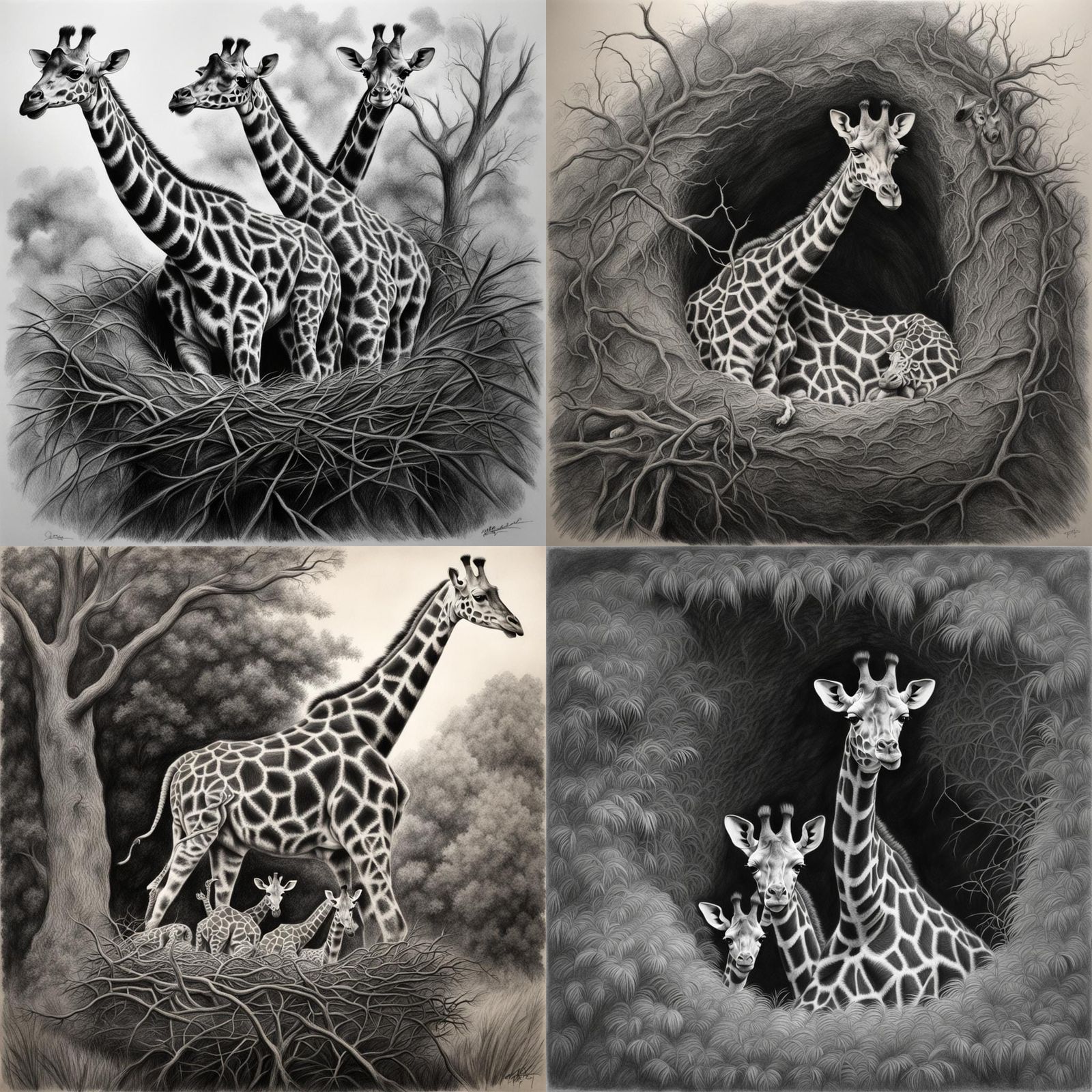 Detailed Charcoal Drawing of a Giraffe Nest
