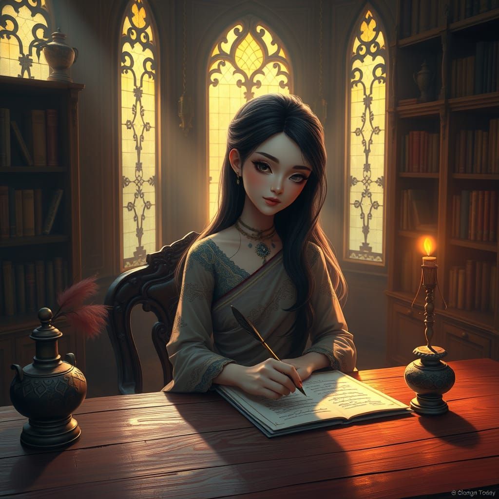 Enchanted Thai Scribe in Mystical Library