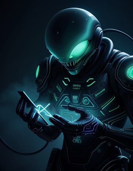 Surreal Alien Tendrils Interact with Glowing Runes