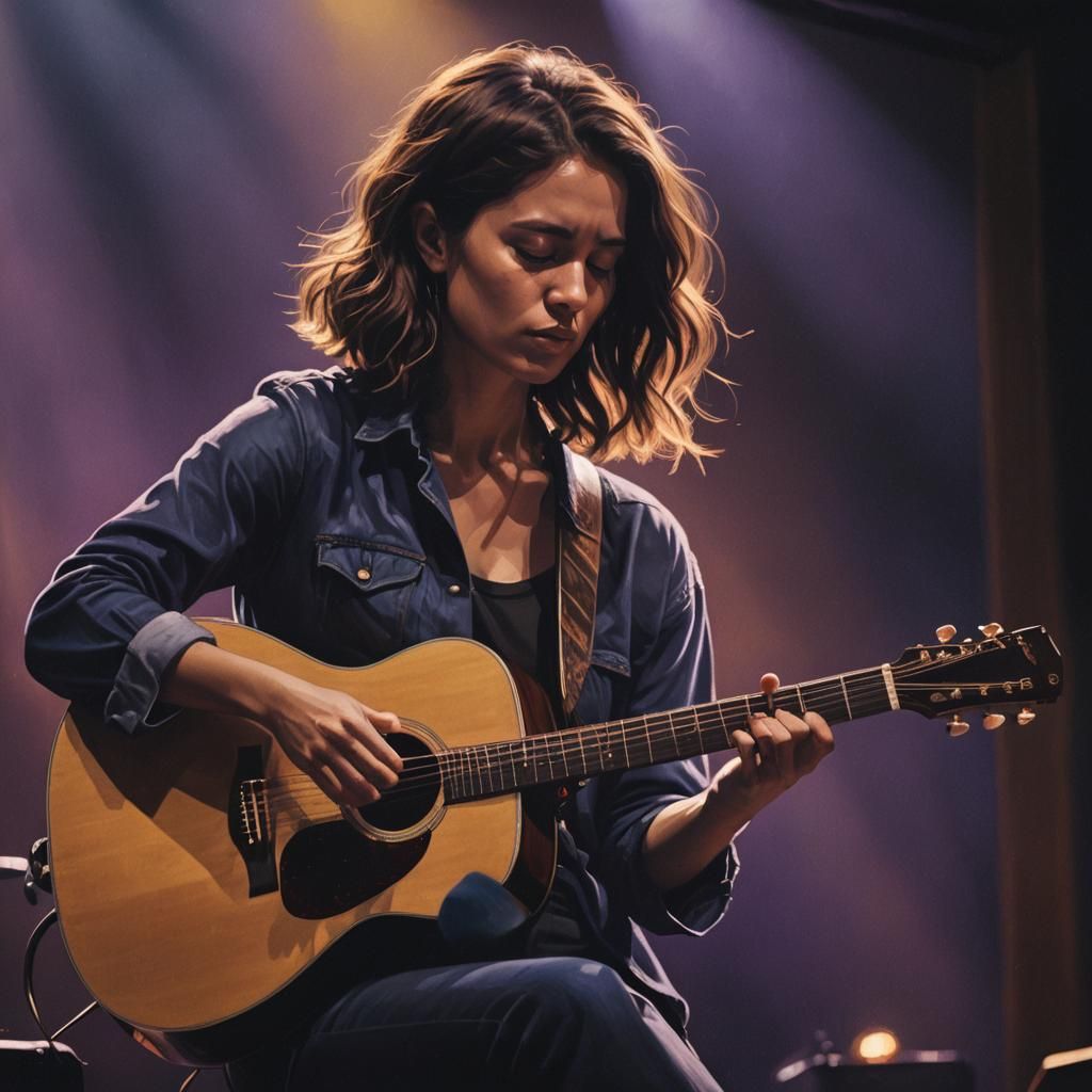 Woman Guitarist on Stage in Moody Oil Painting