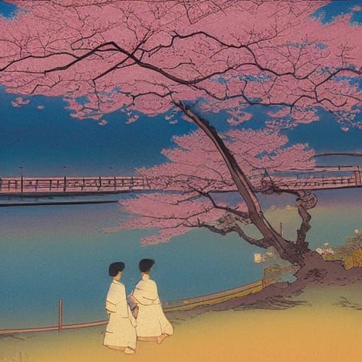 Romantic Sunset Under Cherry Blossoms in Ukiyo-e Style