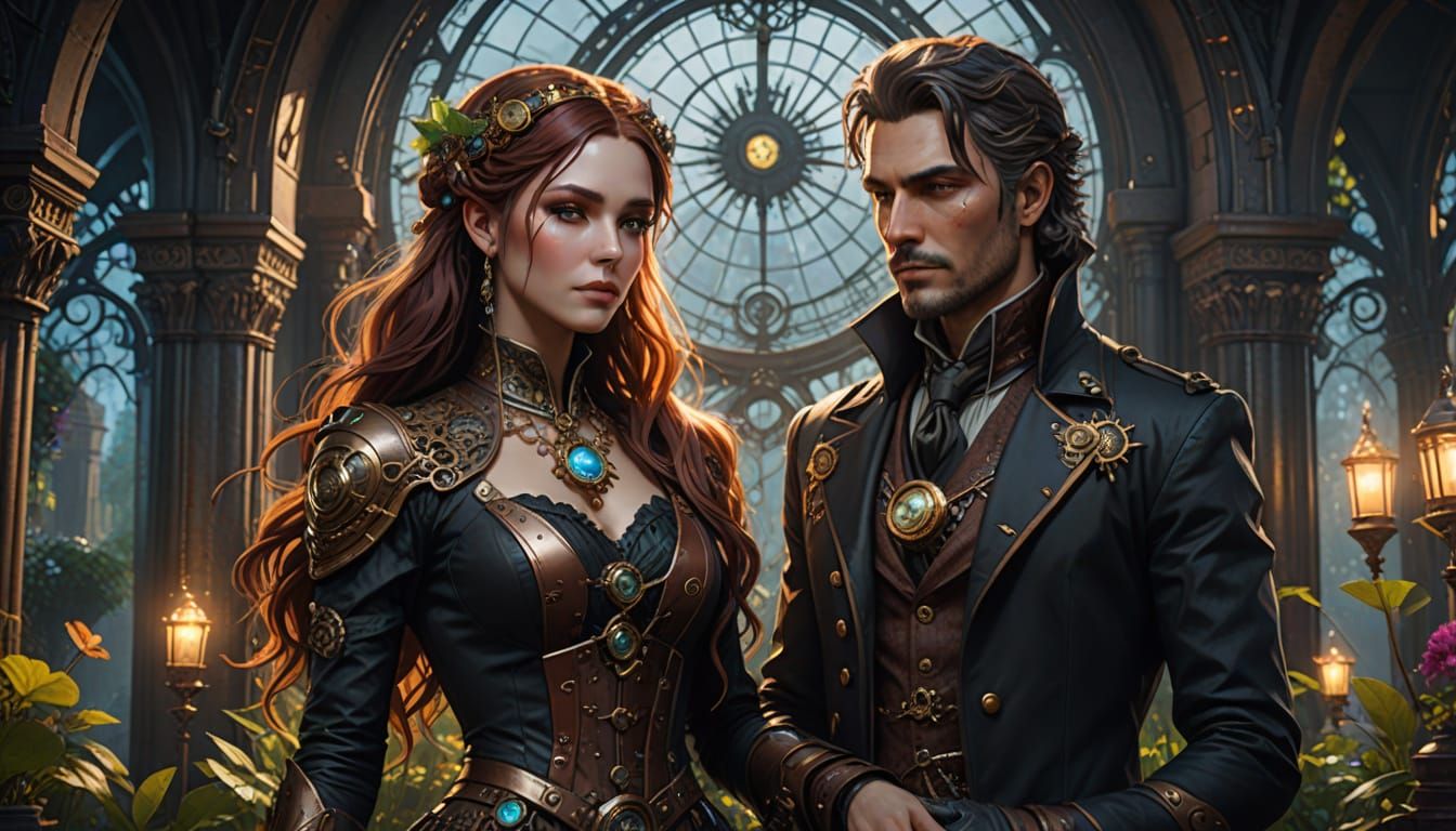 Steampunk Elven Couple in Gothic Garden Embrace