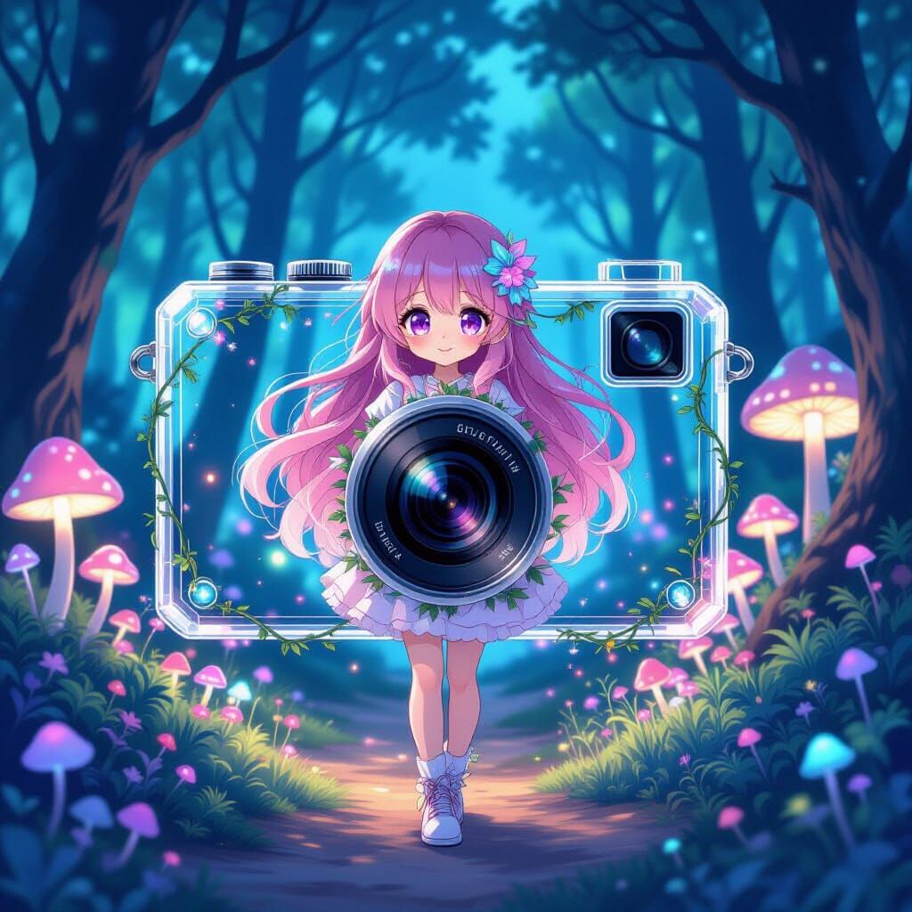 Anime Girl Captures Bioluminescent Forest with Crystal Camer...