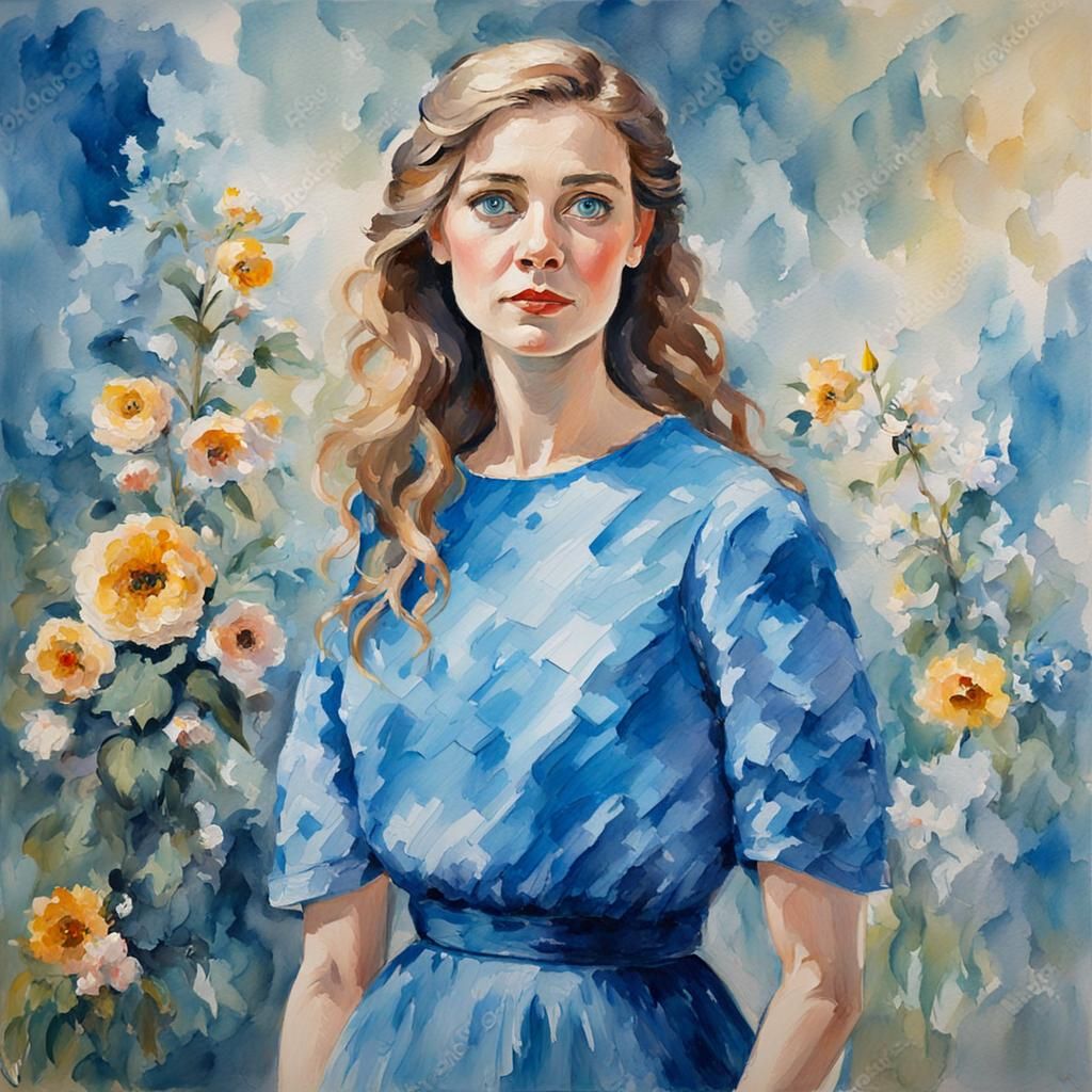 Woman in Blue Dress: Gouache Watercolor Portrait