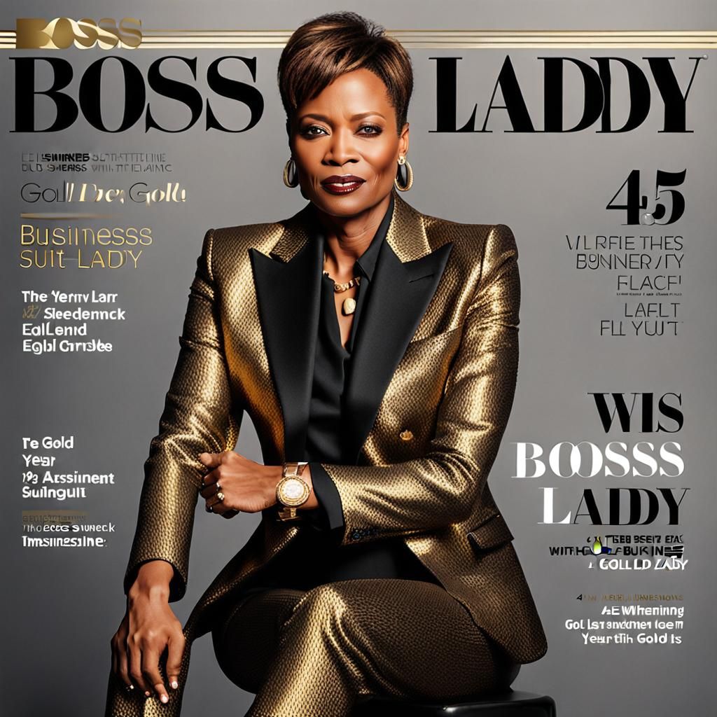 Magazine Cover: Businesswoman in Gold and Black Suit
