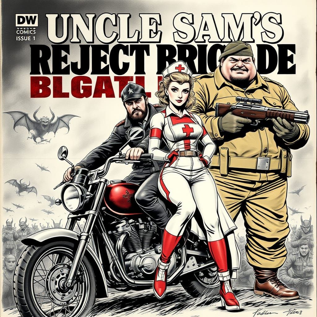 An epic cover art in the style of Frank Miller, features 3 characters, Hell-Rider (looks like James Dean with a beard) a...