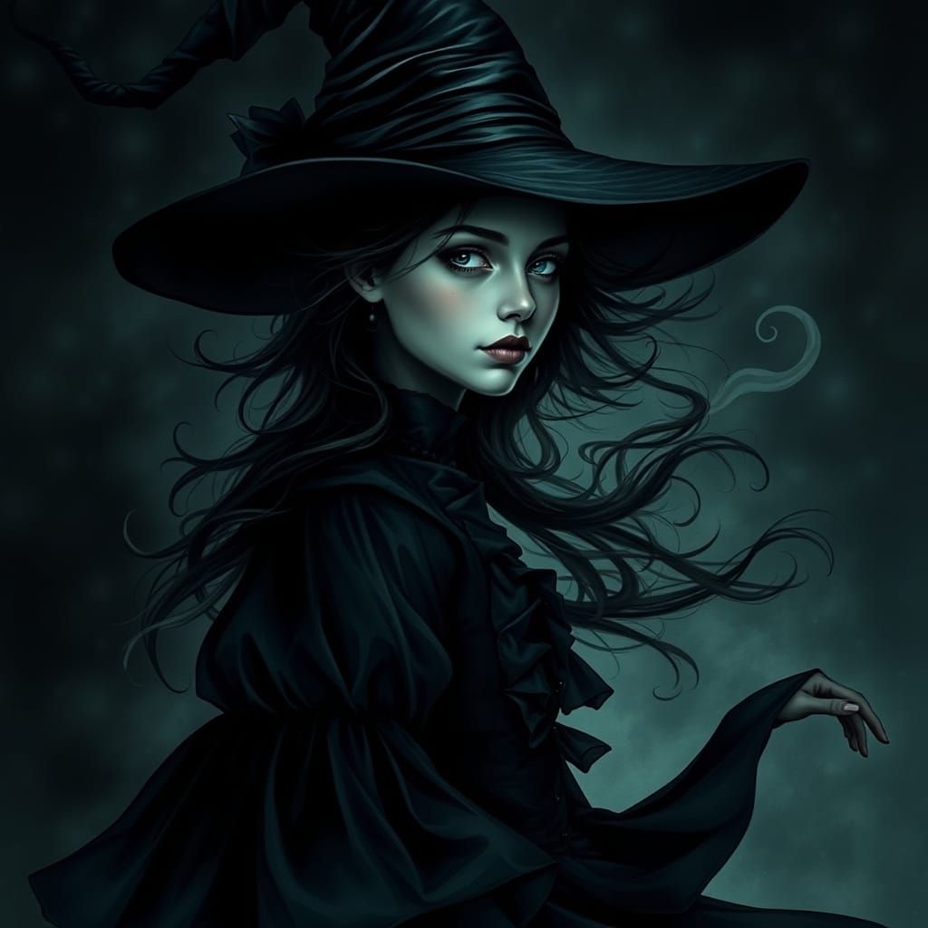 Mystical Witch Transformation in Dark Whimsical Style