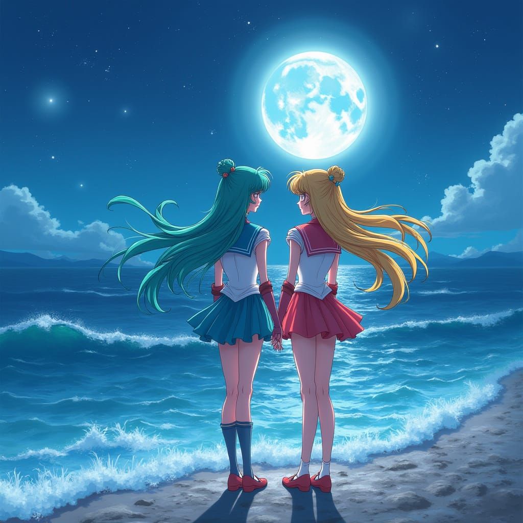 Magical Girl Duo Under Moonlit Skies