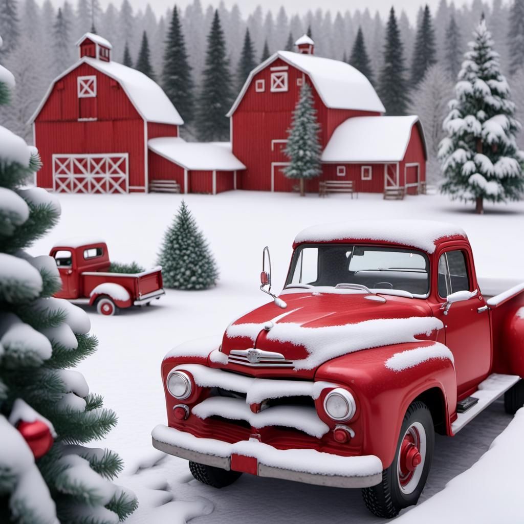 Snowy Christmas Tree Farm with Red Pickup Truck
