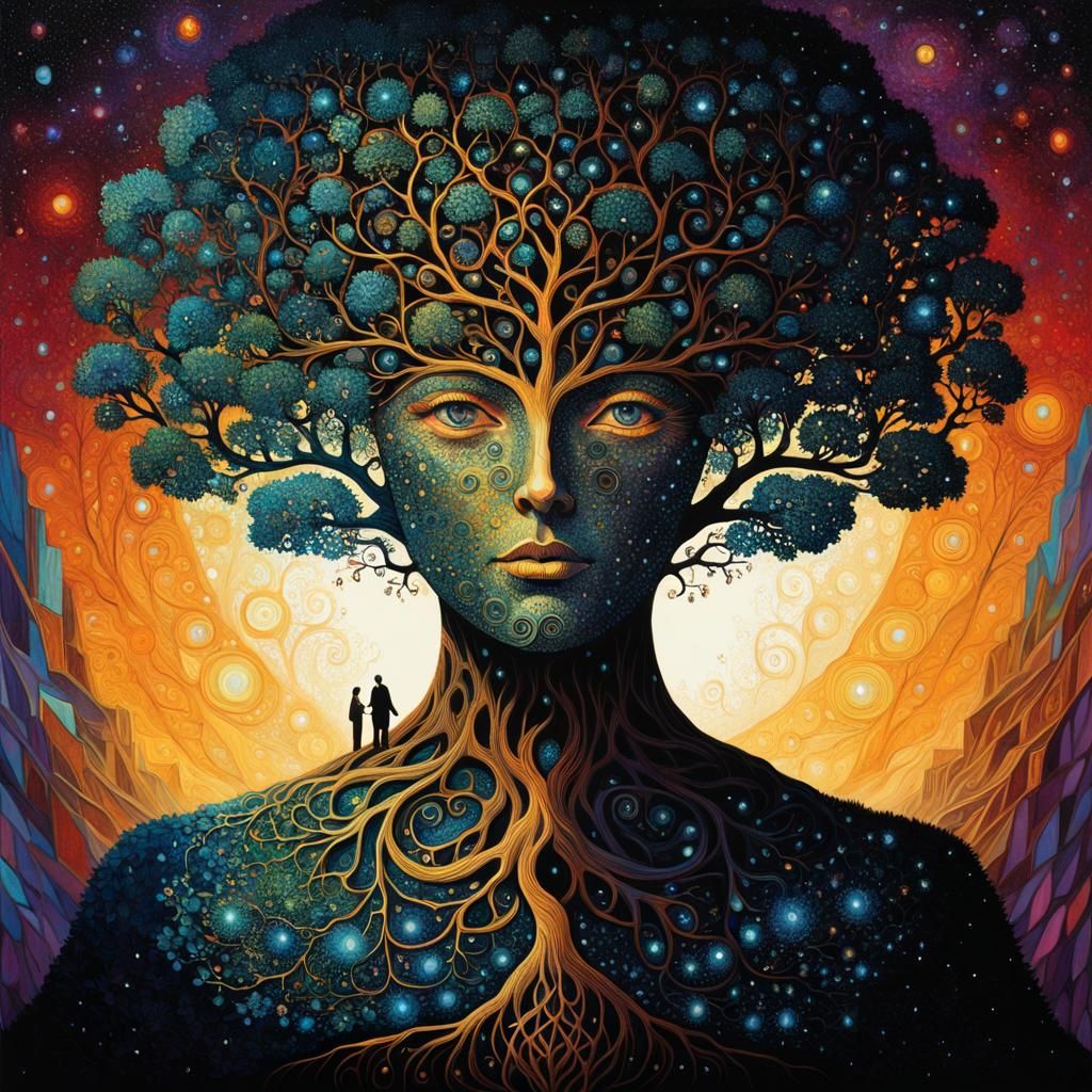 Surreal Cosmic Tree of Life Face in Impasto Style