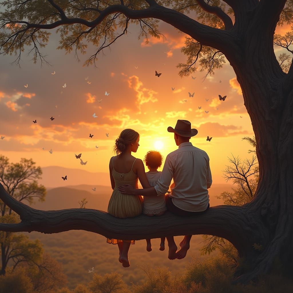 Family on Tree Branch at Sunset Over African Bushveld