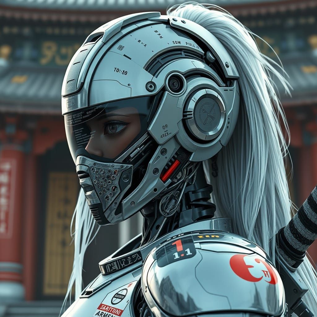 Cyberpunk Robot Samurai with Mirrored Face Shield