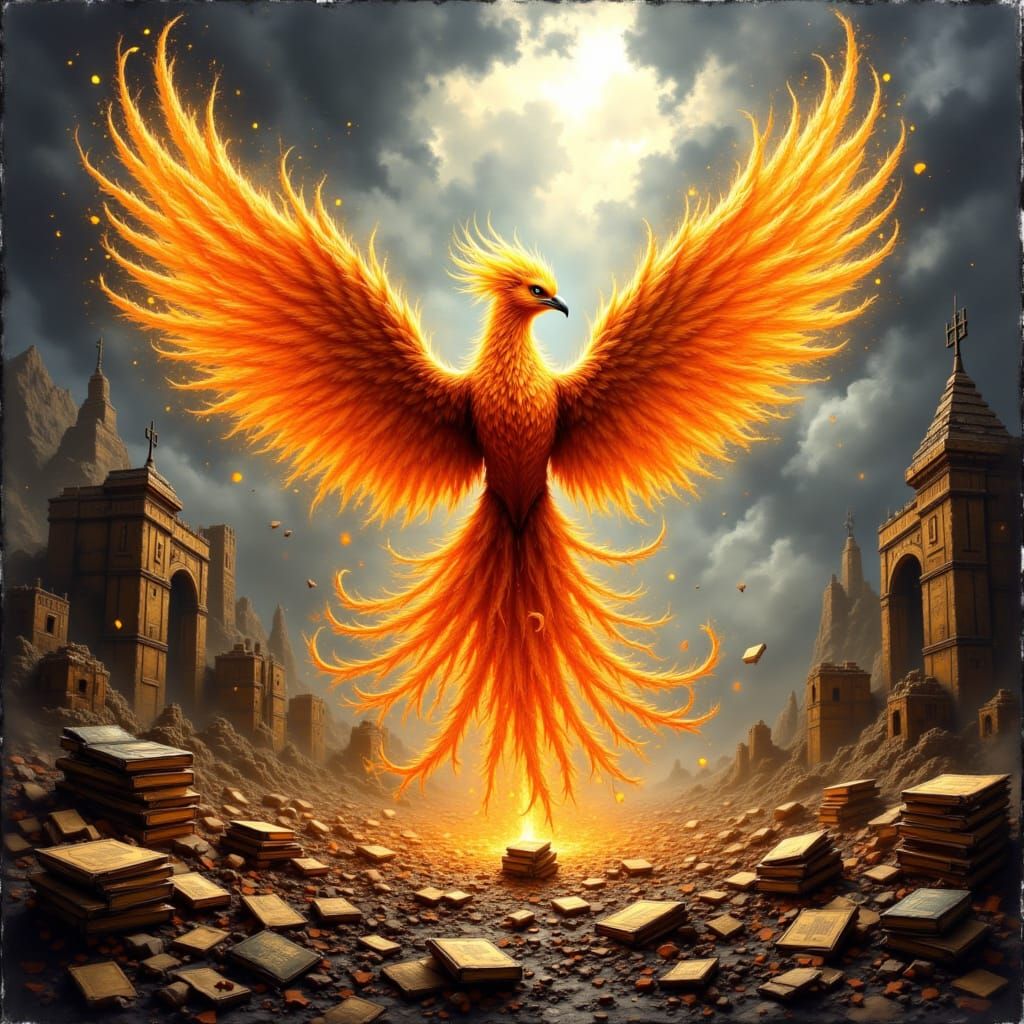 Phoenix Rising from Ancient Library Ashes
