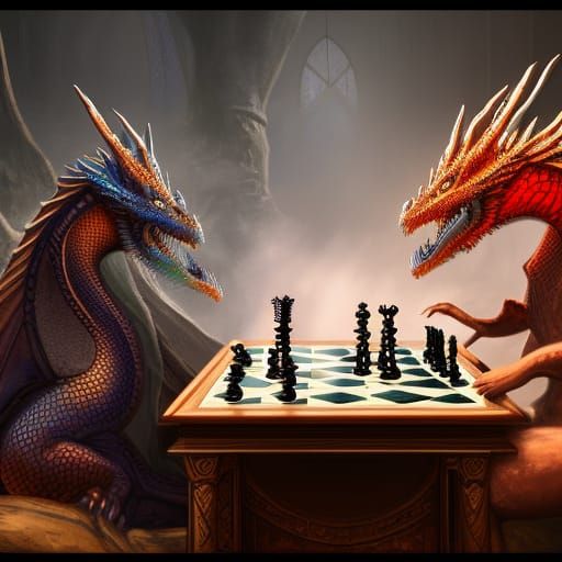 Dragons Playing Chess in Detailed Fantasy Art