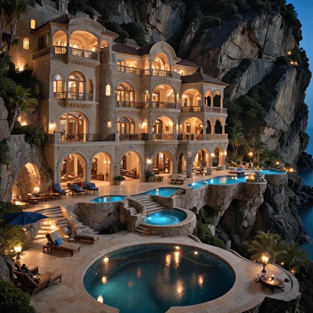 Luxurious Cliffside Villa at Night
