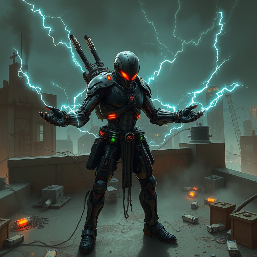 Cyberpunk Cyborg Warrior in Rooftop Battle