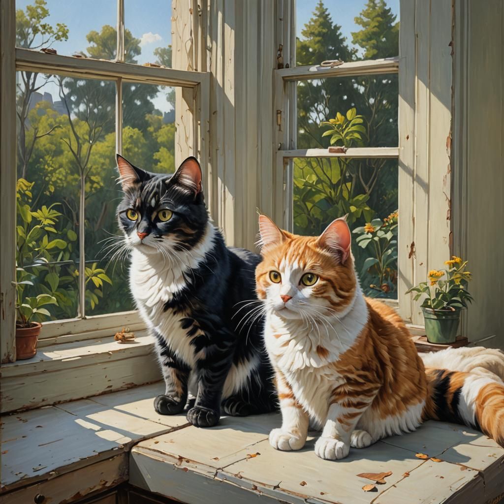 Cats Gazing Out Window as Oil Painting