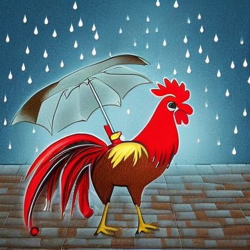 Cartoon Rooster with Umbrella in the Rain