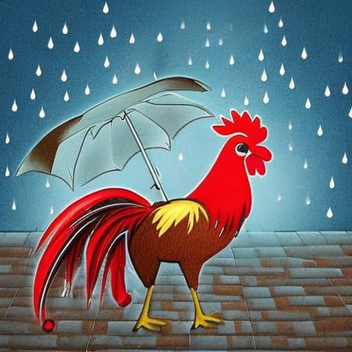 Cartoon Rooster with Umbrella in the Rain