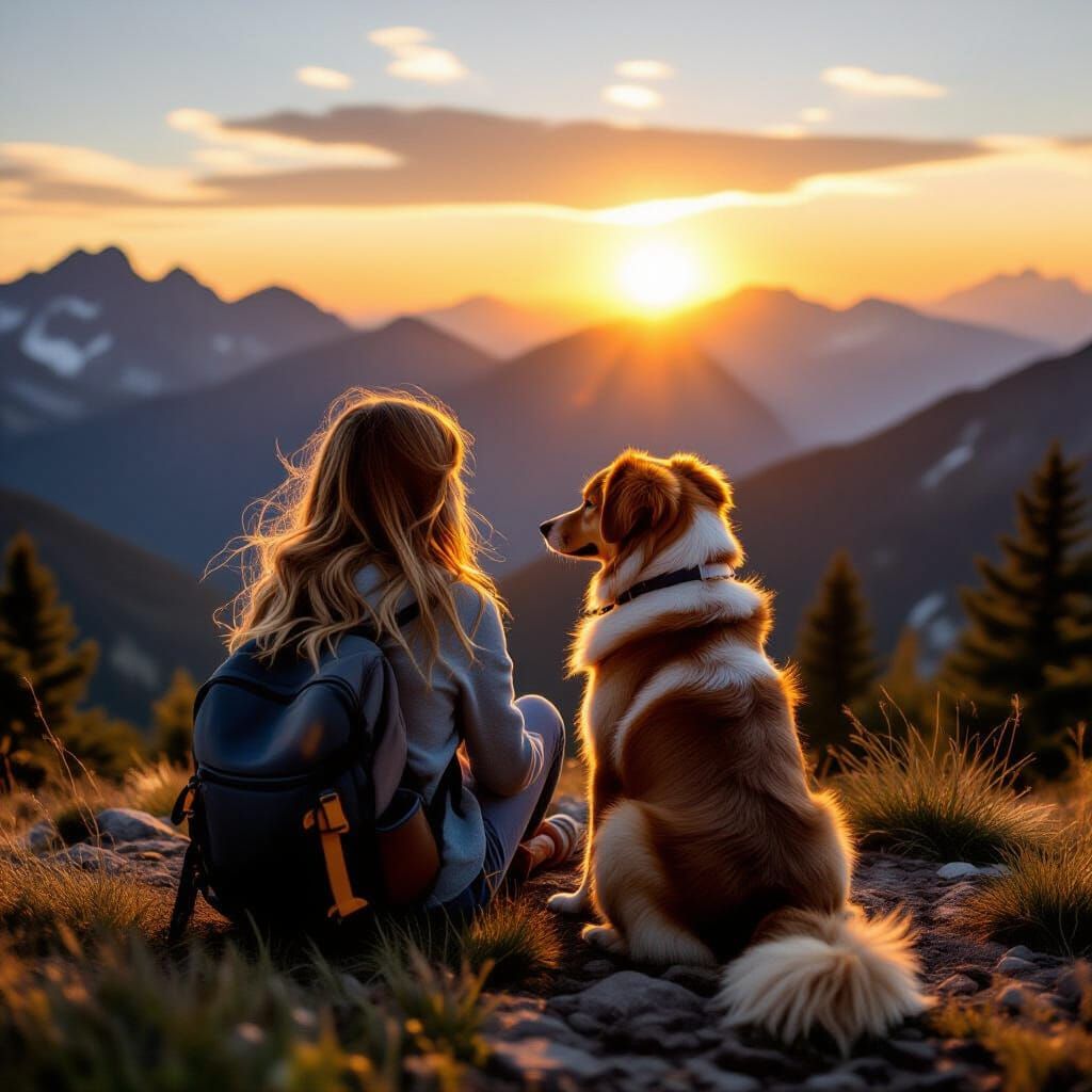 Girl and Dog Watching Sunset on Mountain Trail