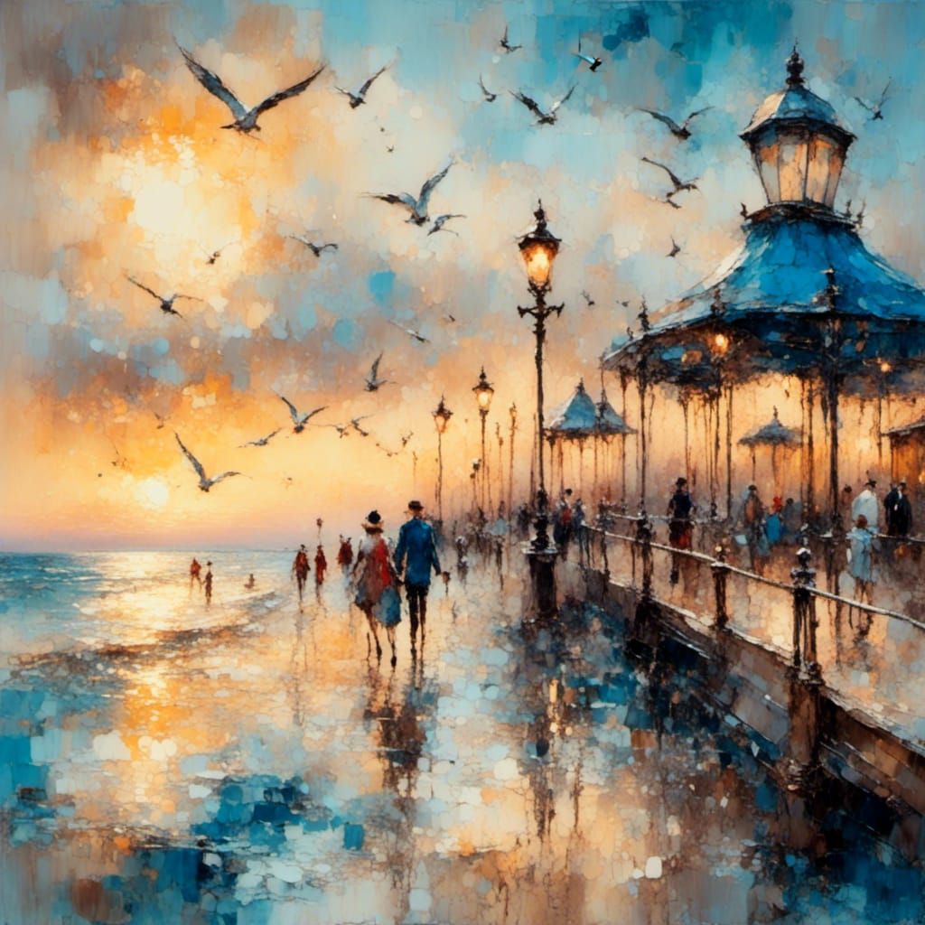 Impressionist Seaside Promenade with Golden Light