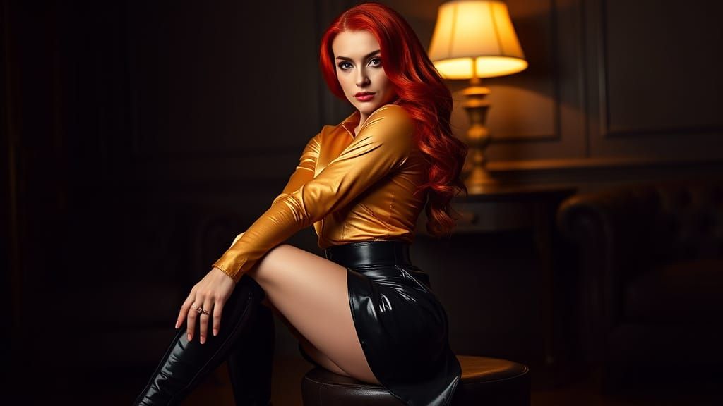 Sensual Woman in Gold Latex and Red Hair, Inspired by Albert...