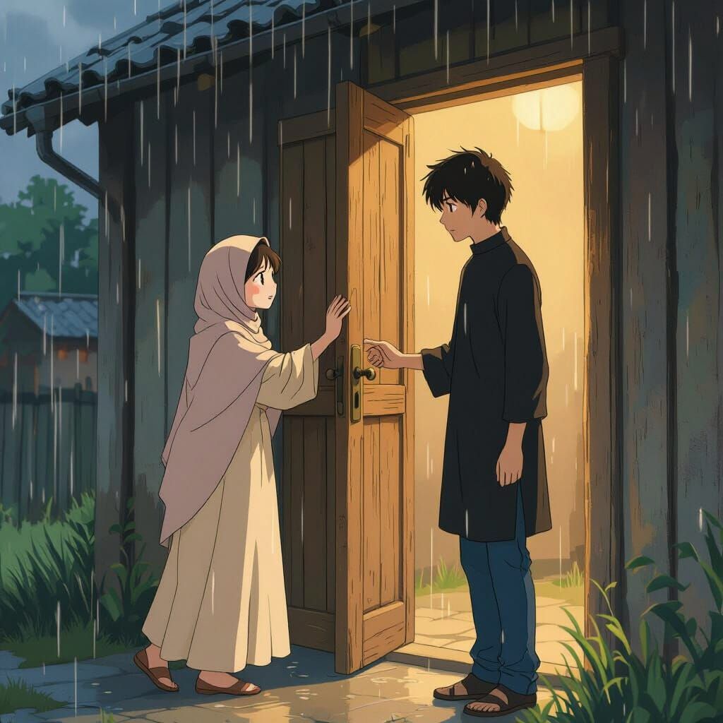 Girl Knocks on Door for Help in Rustic House